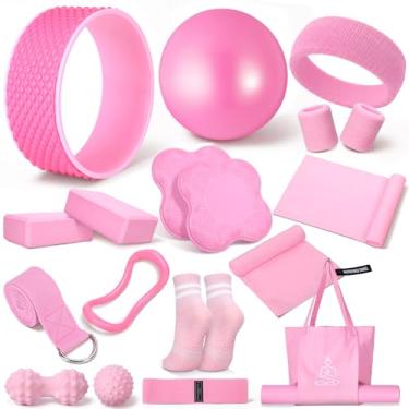 Imagem de Gemscream 17 peças de kits essenciais de ioga para mulheres, conjuntos de equipamentos de pilates para iniciantes com blocos de bola de roda de ioga faixas de laço de resistência anel de pulso meias