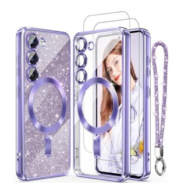 Imagem de DagoRoo Capa magnética para Samsung Galaxy S23 5G + 2 películas protetoras de tela, borda dourada banhada de luxo [cartão de glitter e alça de pulso] Capa fina e macia de TPU TPU à prova de choque