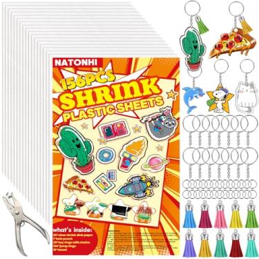 Imagem de Natonhi 161 peças de kit de chaveiro de papel encolhível, com 25 peças de folhas de plástico retrátil 20 x 14,5 cm, furador, borla, chaveiros com corrente, anéis de salto, artesanato DIY para adultos