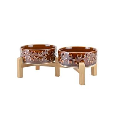 Imagem de SPUNKYJUNKY Tigelas elevadas de cerâmica para cães e gatos, 13 cm, com suporte de bambu antiderrapante para filhotes, raças pequenas, seguras para micro-ondas - 382 g, bronze crânio