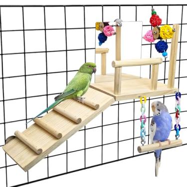 Imagem de BNOSDM Brinquedo de periquito de madeira com plataforma de poleiro 5 em 1 com espelho, escada de escalada, acessórios de gaiola de pássaros para papagaios, periquitos, conures, calopsitas, periquitos