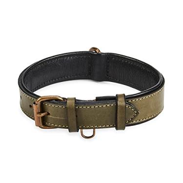 Imagem de Coleira de cachorro de couro real acolchoada interior macio com visual vintage premium feito à mão com anel de etiqueta para animais de estimação pequenos médios e grandes (médio (3,16 cm de largura para 34,32 cm - 44,5 cm de pescoço), oliva)