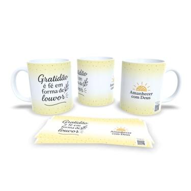 Imagem de Caneca de Cerâmica com Frases Motivacionais, Amanhecer com Deus, Amarelo e Branco, Design Pontilhado (20818)