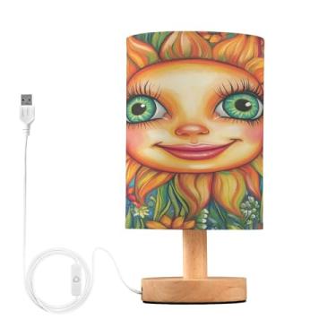 Imagem de Joisal Lâmpada de sol com grandes olhos verdes para mesa de cabeceira, luminária de mesa USB, abajur de linho, lâmpada moderna, móveis de quarto