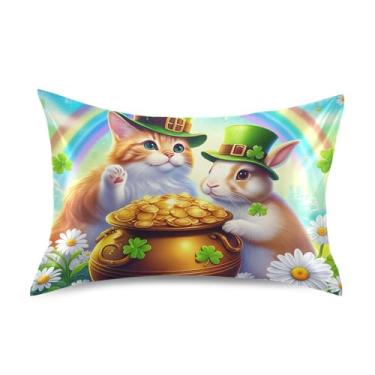 Imagem de Colorido St Patrick Gato Coelho Margarida Cetim Cool Fronhas Personalizadas Padrão King Queen Capas de Cama Cama King Size 101.6 cm x 50.8 cm