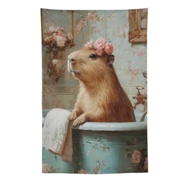Imagem de Tapeçaria vintage de capivara na banheira para banheiro floral chalé para pendurar na parede, decoração de spa de animais fofos para banheiro, lavabo, casa de fazenda, boho, decoração de parede