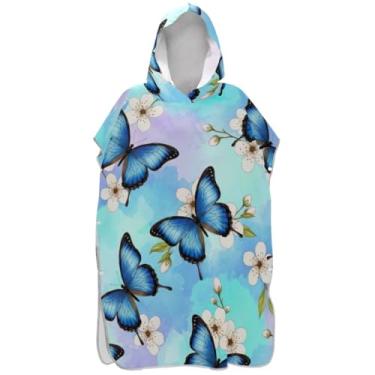 Imagem de Joisal Poncho de surfe para adultos trocador de roupa de praia com capuz toalha de banho de secagem rápida ponchos de praia para homens borboletas azuis flores brancas