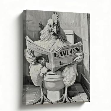 Imagem de Arte engraçada de parede de banheiro, impressão em tela de galinha, leitura de imagem de animal de fazenda de jornal, decoração de banheiro de fazenda rural, pronto para pendurar, exibição de
