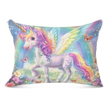 Imagem de Fronha fofa de unicórnio arco-íris fofa com zíper brilhante padrão queen king size fronha de travesseiro corporal, tamanho padrão, 51 x 66 cm
