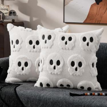 Imagem de DFXSZ Capas de almofada de Halloween 45,7 x 45,72 cm conjunto de 2 esqueletos brancos decorações de Halloween pelúcia macia lã sintética sofá sofá quarto sala de estar decoração de casa PTK04B18
