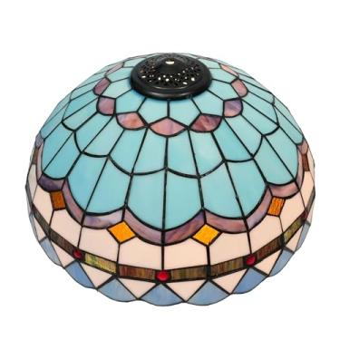 Imagem de Cúpula de reposição estilo Tiffany de 16 polegadas com tampa, cúpula de vitral azul mediterrâneo com estampa de penas, ideal para luminárias de mesa, de leitura, de chão e de chão.