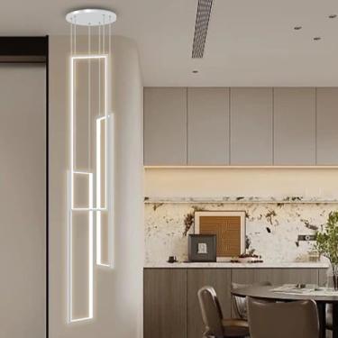 Imagem de Lustre moderno de LED para escadas, luminária pendente decorativa interna de alumínio quadrada, dimerizável com controle remoto, ideal para casas de campo, hotéis, salas de estar, salas de j