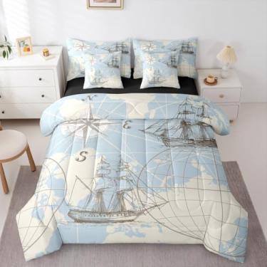 Imagem de Erosebridal Conjunto de edredom náutico solteiro, cama de mapa do mundo em uma bolsa para quarto, conjunto de cama de iate de barco à vela com edredom, lençóis, fronhas, bússola retrô, decoração de