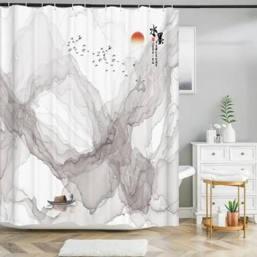 Imagem de Cortina de chuveiro impressão 3D estilo chinês tinta paisagem impermeável cortinas de banheiro decoração tecido poliéster com ganchos 71x75in-180x190 cm/LxA cortina de chuveiro de tecido