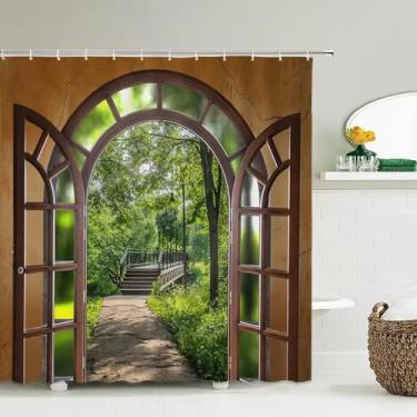 Imagem de Cortina de chuveiro floresta árvores cenário natural 3D impresso cortina de chuveiro poliéster impermeável decoração de casa cortina com ganchos 174 x 188 cm/LxA cortina de chuveiro de tecido boho