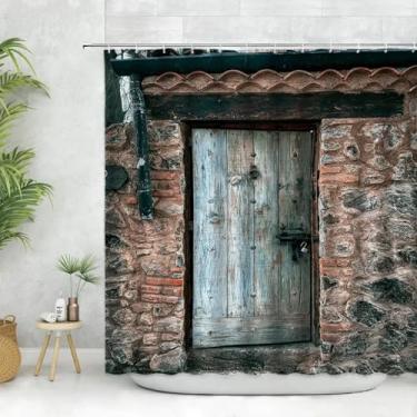 Imagem de Conjunto de cortina de chuveiro vintage para porta de madeira antiga, tábua de celeiro, decoração de parede de pedra, cortinas brancas de banheiro, tecido de poliéster, 54 x 80 pol. x 137 x 203 cm/LxA