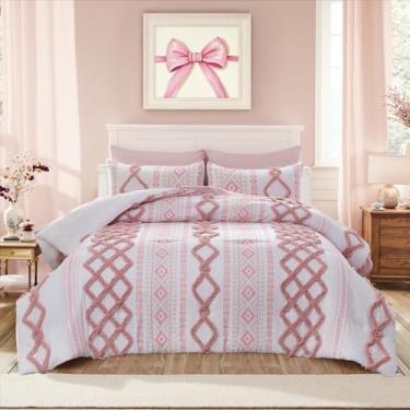 Imagem de MOVE OVER Conjunto de cama king size com tufos rosa para meninas, boêmio, chique, casa de fazenda, de microfibra macia, étnica, asteca, para quarto, conjunto de edredom boêmio de meados do século
