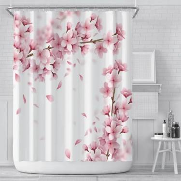 Imagem de Cortina de chuveiro rosa flor de cerejeira flores de pêssego fundo branco menina banheiro tela de tecido de poliéster impermeável com gancho 35x71in-90x180 cm/LxA cortina de chuveiro rústica