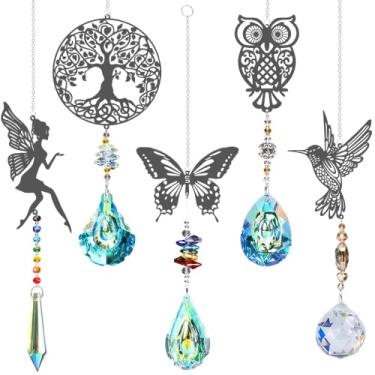 Imagem de Sinos de vento de cristal apanhador de sol, pacote com 5, corujas de árvore, beija-flor, borboleta, pingente de fada, cristal arco-íris, decoração de janela, pendurar, para casa, escritório, jardim