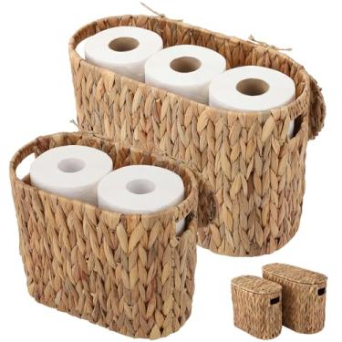 Imagem de Ovveroche 2 cestos de armazenamento de papel higiênico com tampas e alças embutidas, cestas de papel higiênico de jacinto de água para banheiro organizador de acessórios de casa