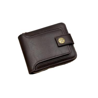 Imagem de Carteira masculina vintage com zíper, couro sintético 2026 com 8 compartimentos para cartão e bolso para moedas, dobra dupla segura de grande capacidade, Marrom escuro, Tendência