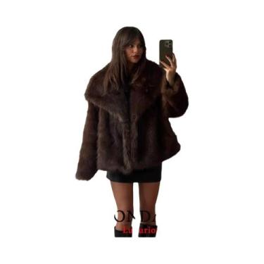 Imagem de Jaqueta De Pelo Sintético Marrom Para Mulheres, Com Decote Em V E Mang