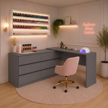 Imagem de Mesa de Manicure Profissional de Canto em L com 6 Gavetas Organize Multimóveis MP6068