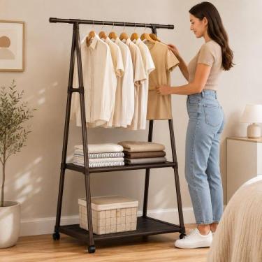 Imagem de Arara Multiuso Para Roupas Fixa com Prateleiras - Preta - TOP RIO