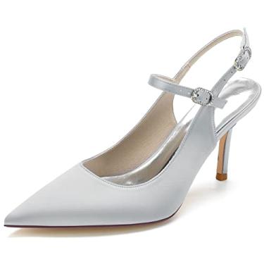 Imagem de Bombas Slingback femininas 8,5 cm salto alto de casamento bico fino sapatos de quadra festa trabalho vestido de formatura, Prata, 8