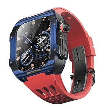 Imagem de CYSUE Pulseira de relógio de borracha com capa de fibra de carbono compatível com Apple Watch Series 8 7 44 45mm, capa de fibra de carbono bumper protetor resistente, kit de atualização