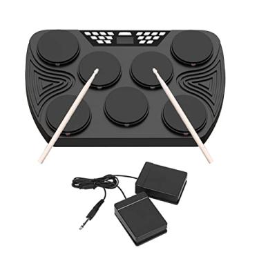 Imagem de Chusui Conjunto de bateria eletrônica portátil multifuncional 7 almofadas sensíveis à velocidade Tambor de mesa embutido 2 alto-falantes Estéreo recarregável prática Bateria Suporte de almofada Função
