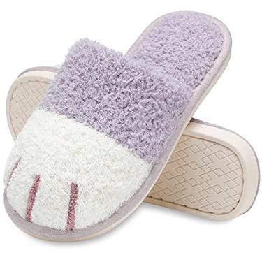 Imagem de MAXTOP Pantufas femininas aconchegantes de pata de gato, presentes quentes para mulheres e homens, com espuma de memória, moderno, fofo, felpudo, para uso interno e externo, Roxa, 5-6 Women/3-4 Men
