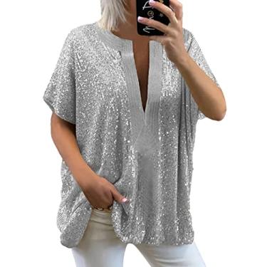 Imagem de Blusas femininas de lantejoulas para sair, blusas sensuais de manga curta de verão, de algodão, camisas soltas, túnica de festa, Prata, XXG