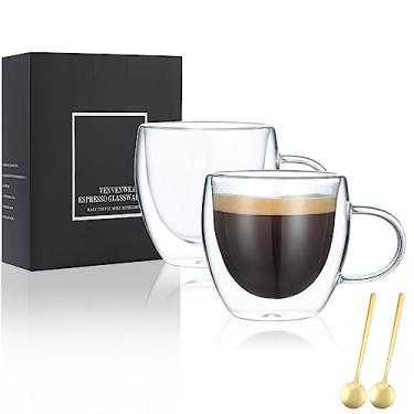 Imagem de VENVENWEAVS Conjunto de 2 xícaras de café expresso, parede dupla, 142 g, copos de café expresso soprados à mão, canecas de café expresso em caixa de presente, perfeitas para expresso, latte,