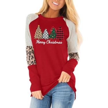 Imagem de Camiseta feminina de Natal Merry and Bright Camiseta com estampa de leopardo de árvore de Natal Camisetas estampadas, Feliz Natal 1, P