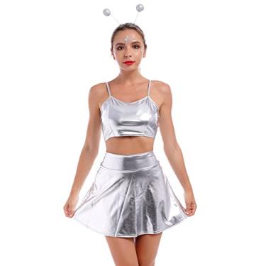 Imagem de Camiseta feminina de fantasia de alienígena metálica + minissaia holográfica + faixa de cabeça marciana rave roupas Halloween cosplay, Prata (alças finas), M