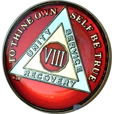 Imagem de Bright Star Press 8 Anos Mandarim Ouro Vermelho e Níquel Tri-Plate AA Alcoólicos Anônimos Sobriedade Chip Serenity Prayer