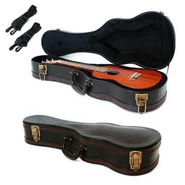 Imagem de Roaring Iron Capa rígida para ukulele, capa de ukulele de concerto, 68 cm/60 cm com padrão de crocodilo superior arqueado de couro com interior de pelúcia estojo de madeira (preto)