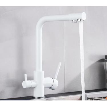 Imagem de Filtro de níquel escovado torneira da cozinha água potável torneira da cozinha deck montado alças duplas misturador de água fria de 3 vias, branco