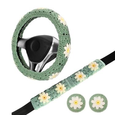 Imagem de HOMEGYMFREE Conjunto de capa de volante de crochê, linda capa de volante de carro boho 35,5-38 cm, presente de padrão quadrado de margarida avó, acessórios femininos para carro (conjunto de capa de
