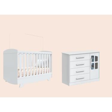 Imagem de Berço Cris e Cômoda Charlo Elo Moveis Peroba MDF 04 gavetas, Branco