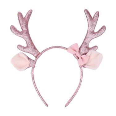 Imagem de QDTK Faixas de cabelo de chifres de alce com glitter de Natal, faixas de cabelo de chifres de rena de lantejoulas rosa com laço, acessório de festa de fim de ano para mulheres e meninas