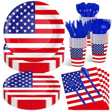 Imagem de Conjunto de utensílios de mesa com bandeira dos EUA com 175 unidades – serve 25 pratos, copos, guardanapos, garfos, colheres, facas descartáveis com bandeira patriótica americana, para 4 de julho, Dia