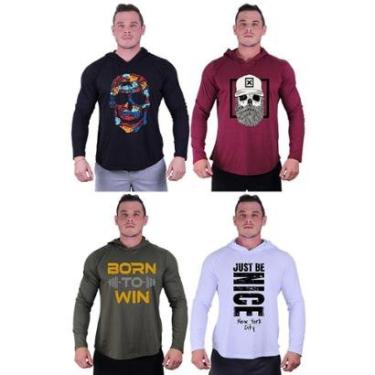 Imagem de Kit 4 Camisetas Manga Longa com Touca Longline Estampada Treino Academia Lazer Casual-Masculino