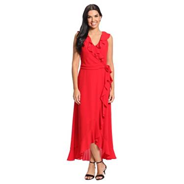Imagem de London Times Vestido longo feminino macio e rodado com babados Hi-Low Faux Wrap, Vermelho salsa, 50