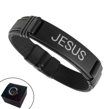 Imagem de Pulseira de Couro Masc Magnética Jesus All Black Fé - GRANADO ACESSÓRI