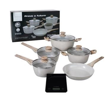 Imagem de NEUHAUS Jogo de Panelas 5 Peças com Revestimento Cerâmico + Balança Digital Marble Life - Vanilla