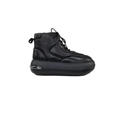 Imagem de Tênis feminino de cano alto, moderno, vintage, com sola grossa, couro legítimo, sapatos esportivos ultra leves, Preto, 35 BR