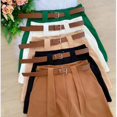 Imagem de Short Social de Cinto Marrom Short Saia Alfaiataria Cintura Alta - Nat