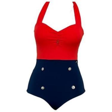 Imagem de Maiô adulto vintage pin up retrô marinheiro vermelho com azul - Bim Be